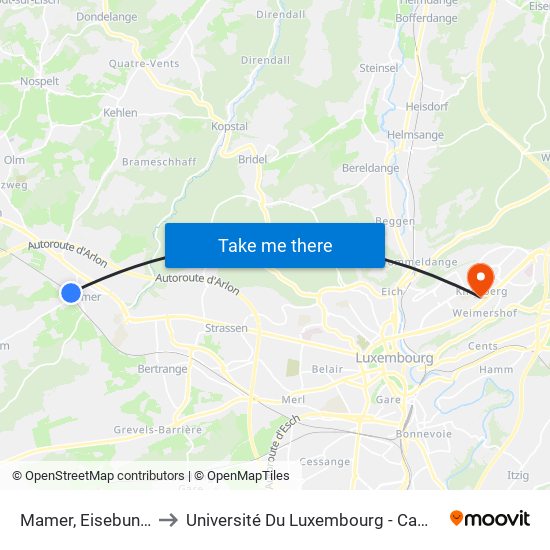 Mamer, Eisebunnsbréck to Université Du Luxembourg - Campus Kirchberg map