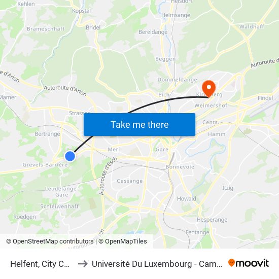 Helfent, City Concorde to Université Du Luxembourg - Campus Kirchberg map