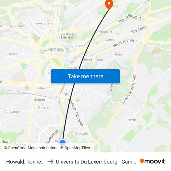 Howald, Ronneboesch to Université Du Luxembourg - Campus Kirchberg map