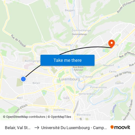 Belair, Val Ste Croix to Université Du Luxembourg - Campus Kirchberg map