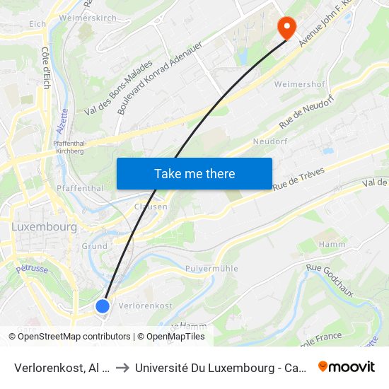 Verlorenkost, Al Molkerei to Université Du Luxembourg - Campus Kirchberg map