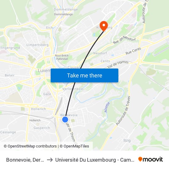 Bonnevoie, Dernier Sol to Université Du Luxembourg - Campus Kirchberg map