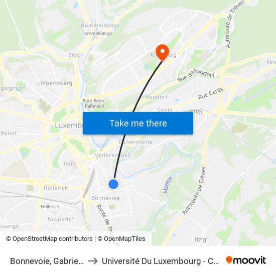 Bonnevoie, Gabriel Lippmann to Université Du Luxembourg - Campus Kirchberg map