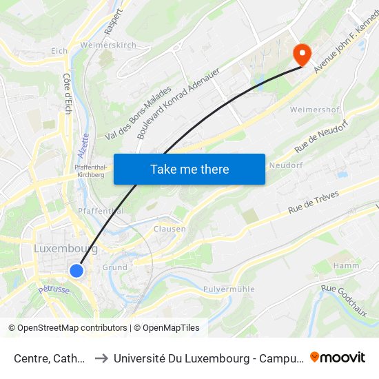 Centre, Cathédrale to Université Du Luxembourg - Campus Kirchberg map