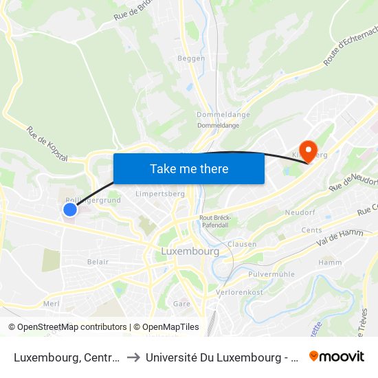 Luxembourg, Centre Hospitalier to Université Du Luxembourg - Campus Kirchberg map