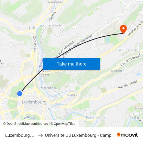 Luxembourg, Amélie to Université Du Luxembourg - Campus Kirchberg map