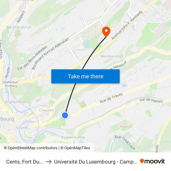 Cents, Fort Dumoulin to Université Du Luxembourg - Campus Kirchberg map