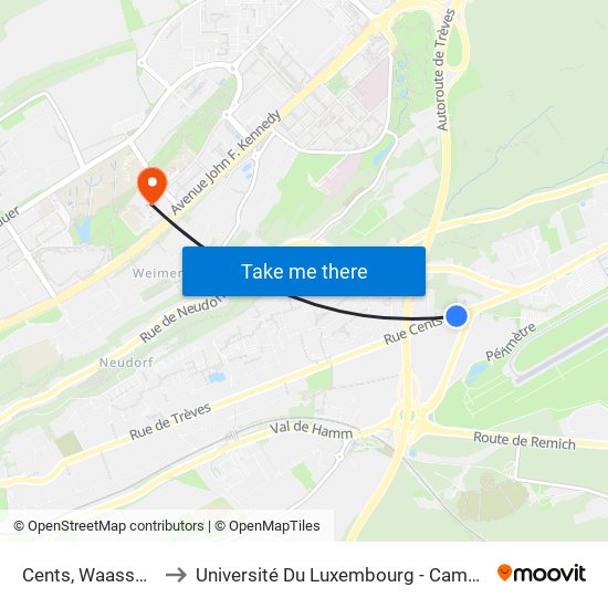 Cents, Waassertuerm to Université Du Luxembourg - Campus Kirchberg map