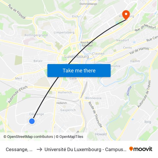 Cessange, Duerf to Université Du Luxembourg - Campus Kirchberg map