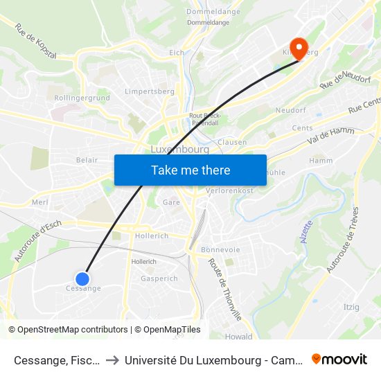 Cessange, Fischerhaff to Université Du Luxembourg - Campus Kirchberg map