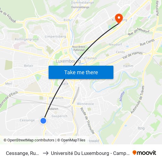 Cessange, Rue Verte to Université Du Luxembourg - Campus Kirchberg map