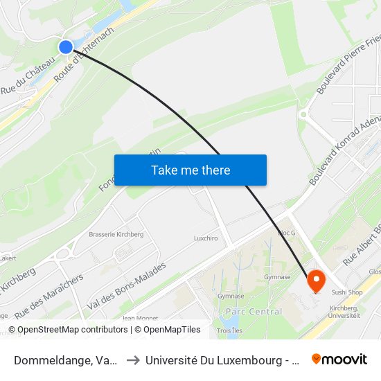 Dommeldange, Van Der Meulen to Université Du Luxembourg - Campus Kirchberg map