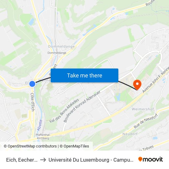 Eich, Eecher Plaz to Université Du Luxembourg - Campus Kirchberg map