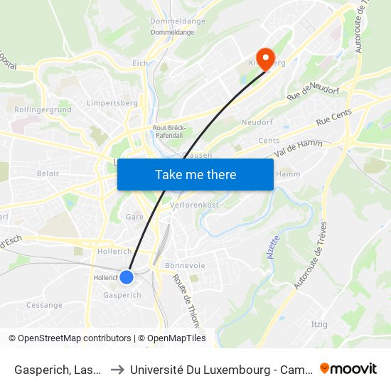 Gasperich, Lascombes to Université Du Luxembourg - Campus Kirchberg map