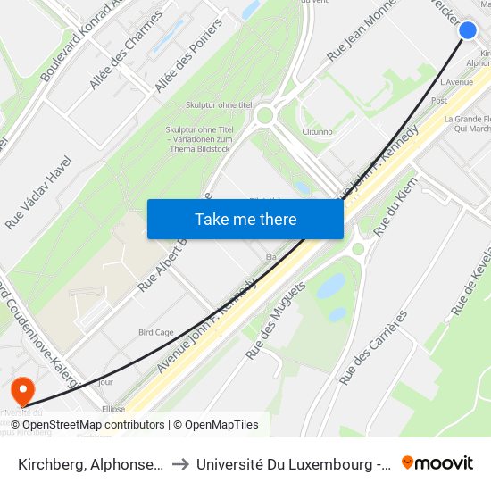 Kirchberg, Alphonse Weicker (Bus) to Université Du Luxembourg - Campus Kirchberg map