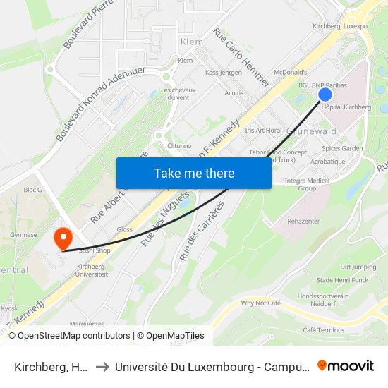 Kirchberg, Hôpital to Université Du Luxembourg - Campus Kirchberg map