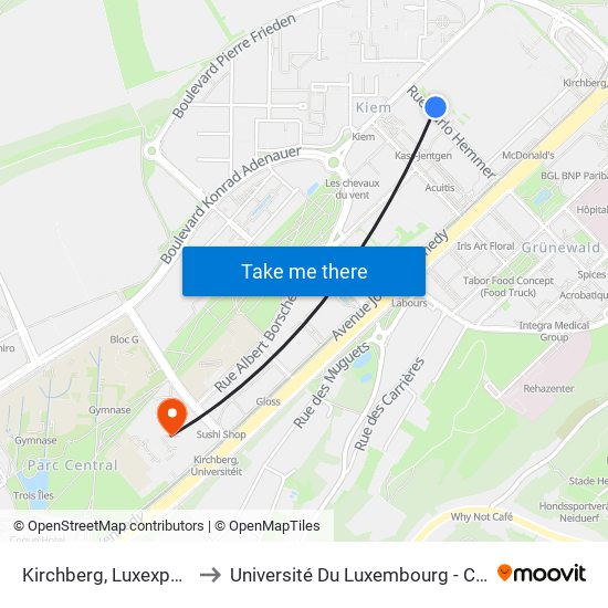 Kirchberg, Luxexpo Entrée Sud to Université Du Luxembourg - Campus Kirchberg map