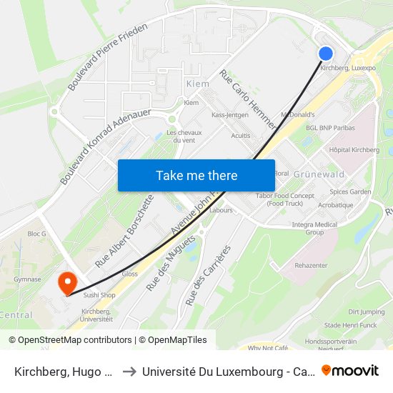 Kirchberg, Hugo Gernsback to Université Du Luxembourg - Campus Kirchberg map