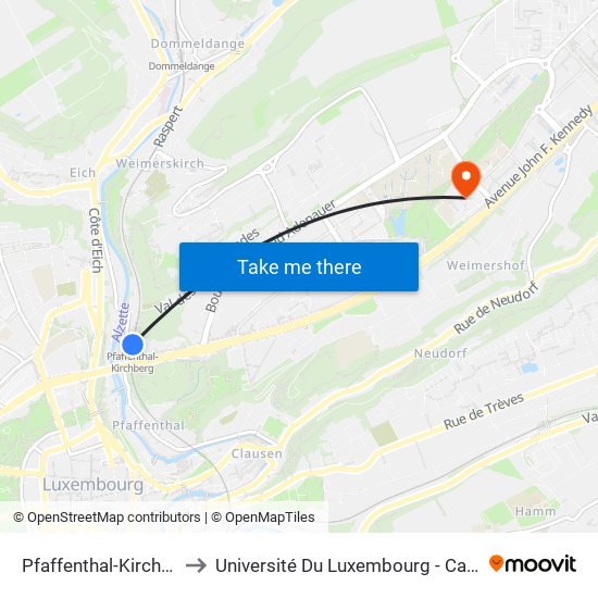 Pfaffenthal-Kirchberg, Gare to Université Du Luxembourg - Campus Kirchberg map