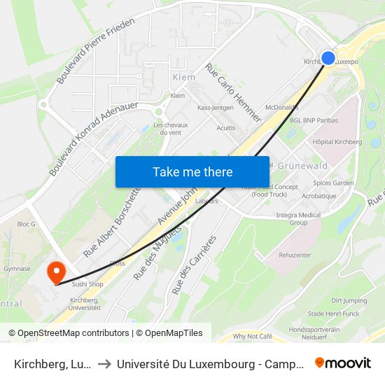 Kirchberg, Luxexpo to Université Du Luxembourg - Campus Kirchberg map