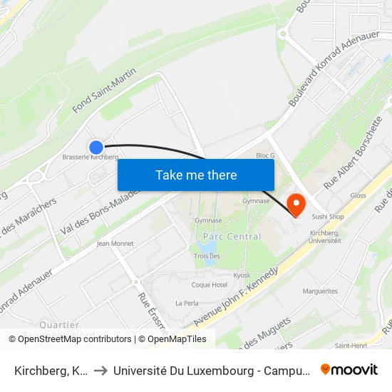 Kirchberg, Kierch to Université Du Luxembourg - Campus Kirchberg map