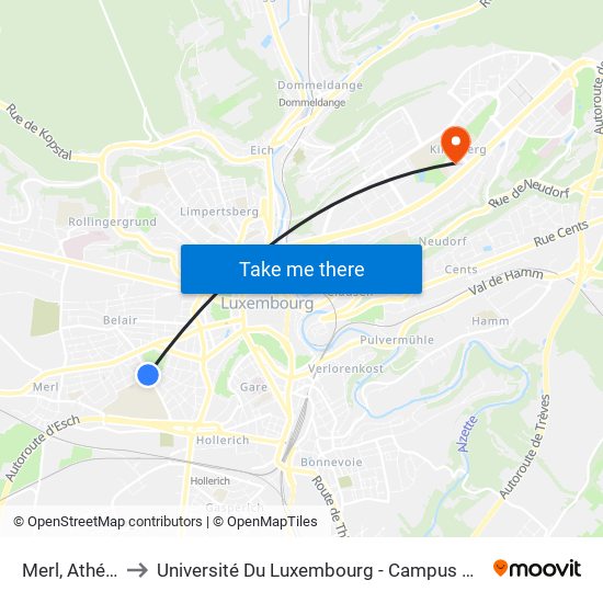 Merl, Athénée to Université Du Luxembourg - Campus Kirchberg map