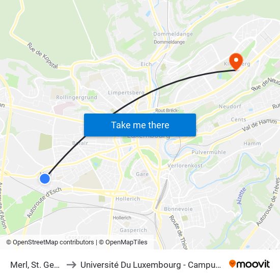 Merl, St. Gengoul to Université Du Luxembourg - Campus Kirchberg map