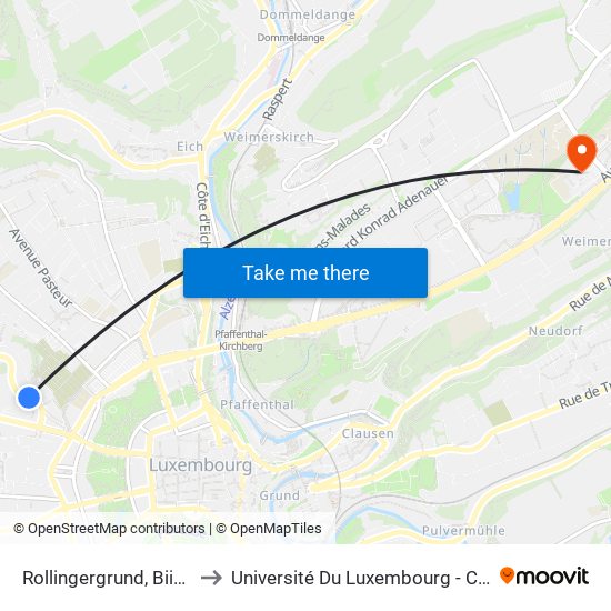 Rollingergrund, Biischtefabrick to Université Du Luxembourg - Campus Kirchberg map