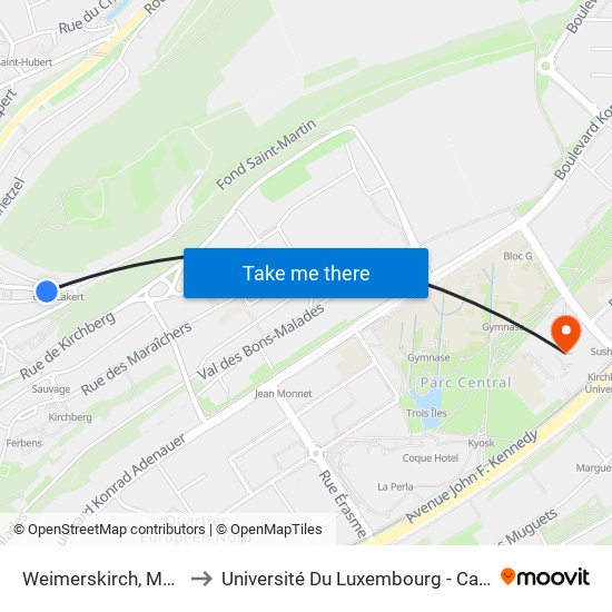 Weimerskirch, Mäertesbuer to Université Du Luxembourg - Campus Kirchberg map