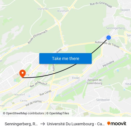 Senningerberg, Rue Du Golf to Université Du Luxembourg - Campus Kirchberg map
