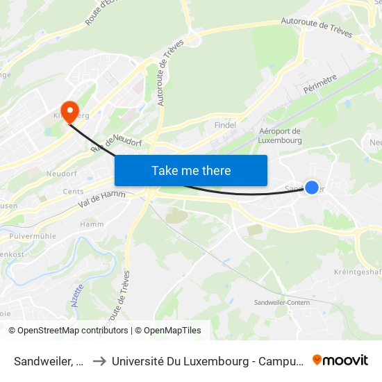 Sandweiler, Kiirch to Université Du Luxembourg - Campus Kirchberg map