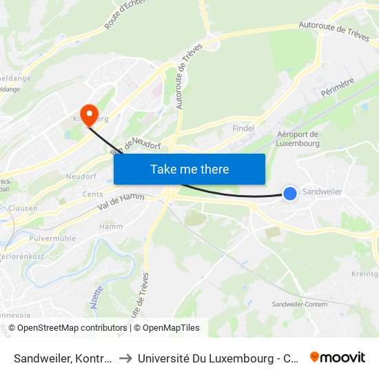 Sandweiler, Kontrollstatioun to Université Du Luxembourg - Campus Kirchberg map