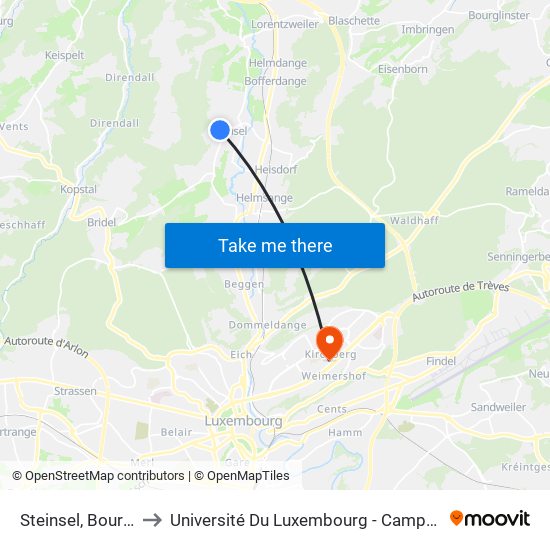 Steinsel, Bourgaass to Université Du Luxembourg - Campus Kirchberg map