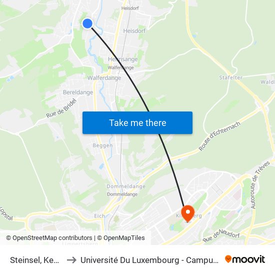 Steinsel, Kennedy to Université Du Luxembourg - Campus Kirchberg map