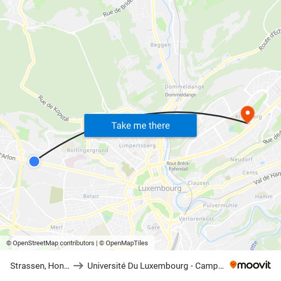 Strassen, Hondseck to Université Du Luxembourg - Campus Kirchberg map