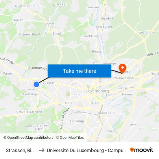 Strassen, Riedgen to Université Du Luxembourg - Campus Kirchberg map