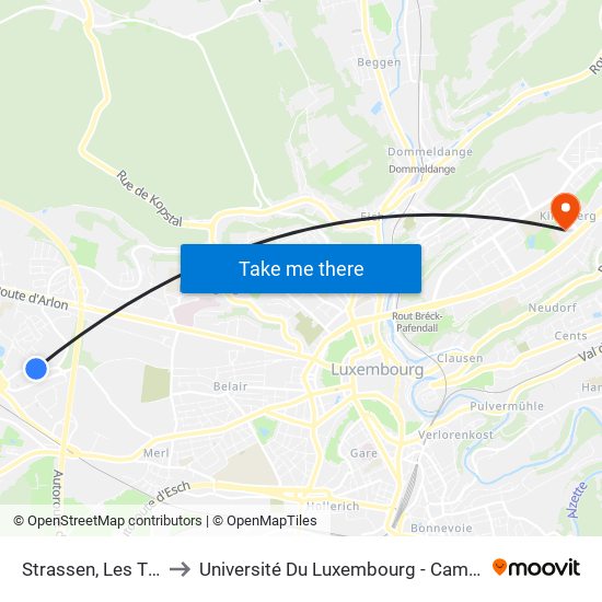 Strassen, Les Thermes to Université Du Luxembourg - Campus Kirchberg map