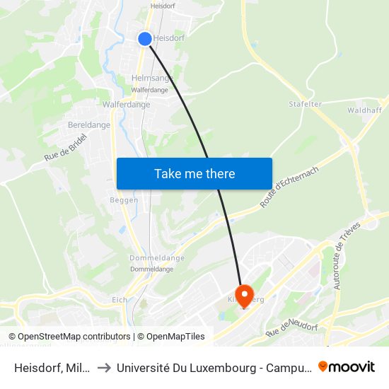 Heisdorf, Millewee to Université Du Luxembourg - Campus Kirchberg map
