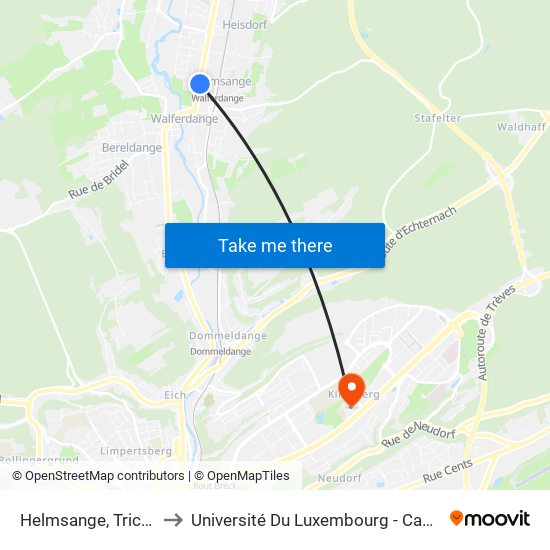 Helmsange, Tricentenaire to Université Du Luxembourg - Campus Kirchberg map