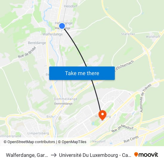 Walferdange, Gare Routière to Université Du Luxembourg - Campus Kirchberg map