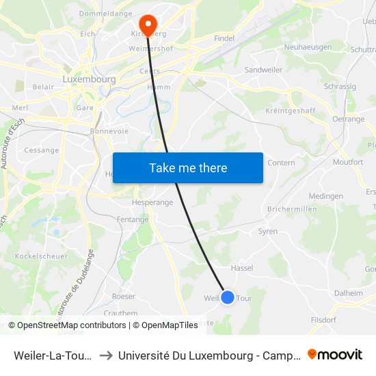 Weiler-La-Tour, Gëltz to Université Du Luxembourg - Campus Kirchberg map