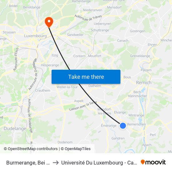 Burmerange, Bei Der Kiirch to Université Du Luxembourg - Campus Kirchberg map