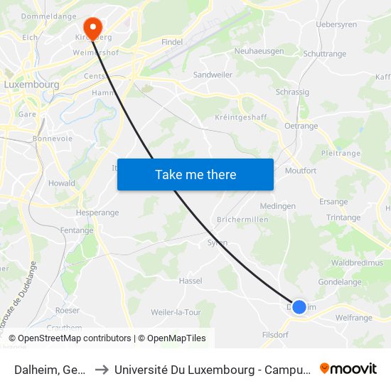 Dalheim, Gemeng to Université Du Luxembourg - Campus Kirchberg map