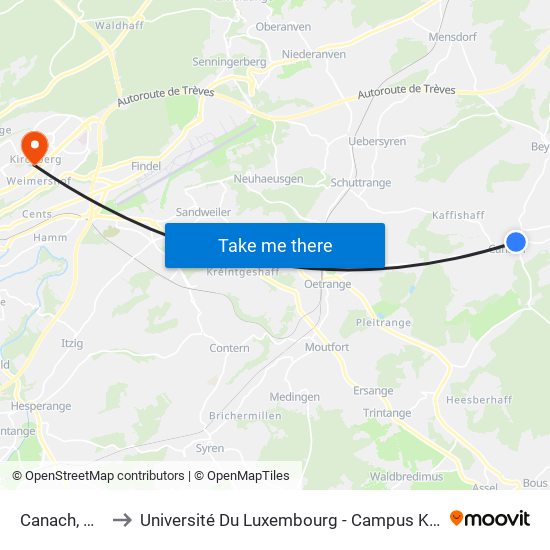 Canach, Post to Université Du Luxembourg - Campus Kirchberg map