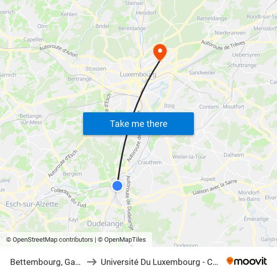 Bettembourg, Gare Routière to Université Du Luxembourg - Campus Kirchberg map