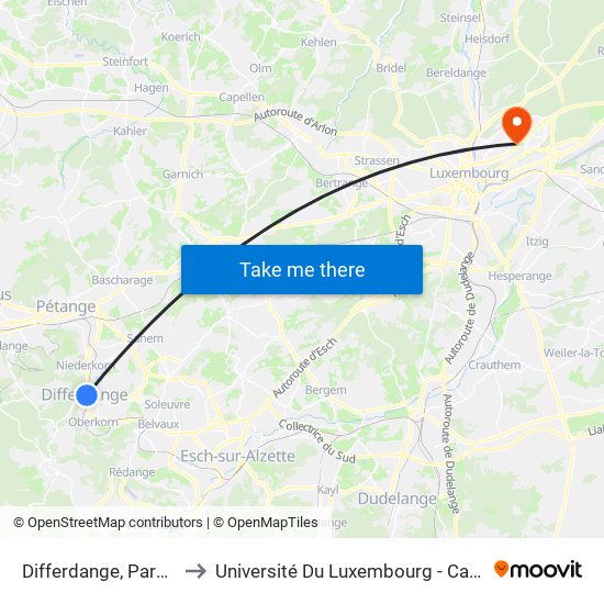 Differdange, Parc Gerlache to Université Du Luxembourg - Campus Kirchberg map