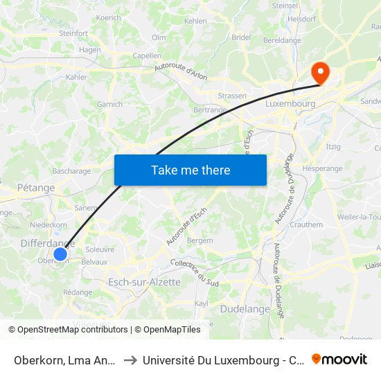 Oberkorn, Lma Annexe Jenker to Université Du Luxembourg - Campus Kirchberg map