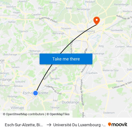 Esch-Sur-Alzette, Bibliothèque Mun. to Université Du Luxembourg - Campus Kirchberg map