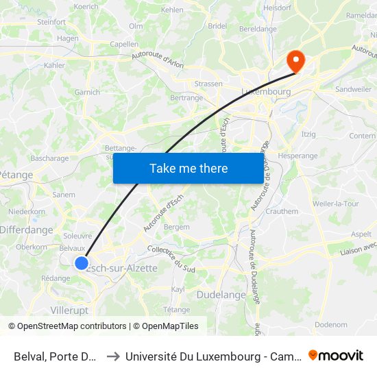 Belval, Porte De France to Université Du Luxembourg - Campus Kirchberg map