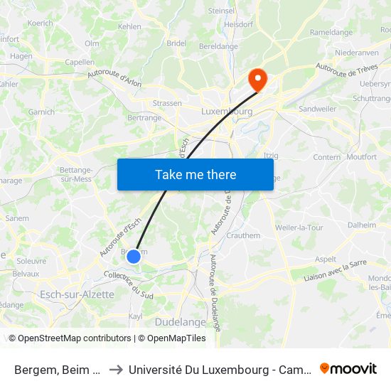 Bergem, Beim Nëssert to Université Du Luxembourg - Campus Kirchberg map